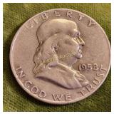 1958D silver franklin half dollar VF coin