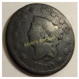 1820 us coin coronet head large cent G-F