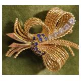 18K yellow gold diamonds & sapphire bow brooch