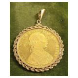 1915 gold 4 ducat coin in 14K rope bezel