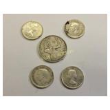 5 silver Canada coins dimes, quarter 1951-52+