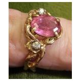 custom 14K yellow ring w/pink tourmaline &diamonds