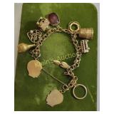 14K yellow gold charm bracelet, log cabin, thimble