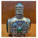 vtg snuff bottle metalwork, blue & red enamel &