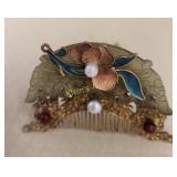 ornate decorative hair comb carved stone w/pearls