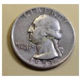 rare 1953D Washington silver quarter fine