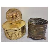 antique brass/copper planter & deco round boxes