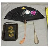 estate lot oriental fan, tin tip tray, shoehorn