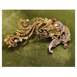 vtg Asian jeweled brooch dragon phoenix