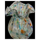 vtg murano confetti ruffled glass vase 4 1/2"