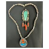 Navajo Turquoise & Coral Necklace & Broach