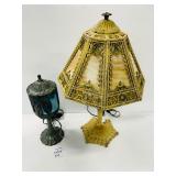 #22 Pair of slag glass lamps one with gryphon