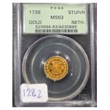 #1282 1738 Netherlands Gold 1 Stuiver MS-63 PCGS Weight: 1.75G
