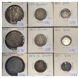 #1234 Lot of 9 incl. Half Dollars (1854, 1855-0, 1858-0), Quarters (1857, 1876 CC, 1891), and Dimes 