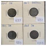 #1237 Lot of (4) 3 Cent Pieces (1865, 1866, 1867, 1868)