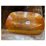 #1739 Redware Stoneware loaf dish with mustard decorations