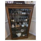 Antique China Cabinet with Glass Door and Cut Crystal Glasses, etc.