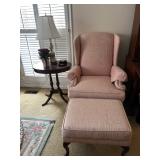 Pink Upholstered Wing Back Armchair with Ottoman