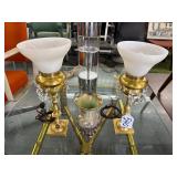 #540 Lot of 3 Incl. 2 Brass Eclectic Hurricane Table Lamps with some crystals, Jasba/ Keramik Vase