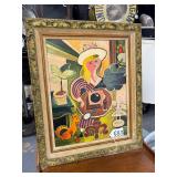 #583 MCM Whimsical Framed Painting  of a Woman with a Record Player and her dog