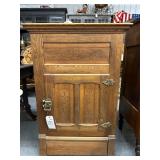 #410 Antique Oak Ice Box with Decorative Scrollwork and Brass Hatches