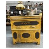 #412 Hand Painted Country Commode Yellow Mustard Finish, Carved Wooden Drawer Pulls & Painted Vignet