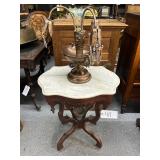 #411 Victorian Walnut Marble Turtle Top Table & Art Nouveau Epergne Centerpiece Lamp (missing some c