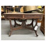#413 Eastlake-Style Carved Walnut Parlor Table with Leather Top