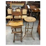 #428 Lot of 2 Chairs Incl. Wicker and Oak Victorian Childs Highchair & Vintage Industrial Factory Dr