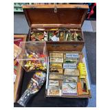 #1700 Large Vintage Fishing Lot incl. Tackle Box, Acrylic Case & Glass Bottle Full of Fishing Tackle