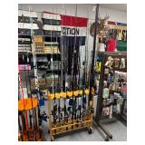 #1737 Large Fishing Rod and Reel lot on Rolling Stand inc. Mark Rose Speed Stick, Star Strike, Mojo 