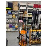 #1738 Large Fishing Rod and Reel lot on Rotating Stand Inc. Shakespeare Tiger, Roddy Hunter Zebco Ho