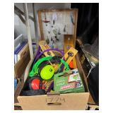 #1774 Glass Display with Fishing Lures & Box of Misc. Accessories incl. Frabill Classic Auto Fisher