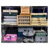 #1794-#1795 Shelf of Tackle boxes #1 incl. Wood Box, etc., Shelf of Tackle boxes #2 incl. Rotary Bin