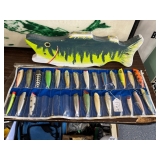 #1764 Carved Wood Fish Sign & Rolling Bag of Fishing Lures