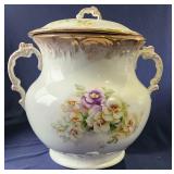 Antique Double Handle Hand Painted Covered Pot