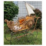 c. 1880s Full Size Victorian Wicker Baby Carriage With Parasol