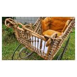 c. 1880s Full Size Victorian Wicker Baby Carriage With Parasol