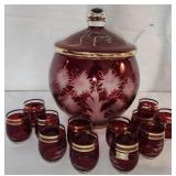 Great Ruby Red Bohemian Punch Bowl w/ 12 Glasses