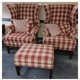 Country Plad Wing Back Chairs w/ Foot Stool