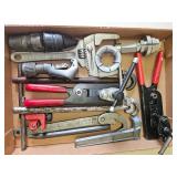 Box Lot with pipe cutters, adjustable plumbing wrenches