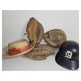 Vintage Baseball Gloves and Old Tigers Straw Hat