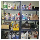 Assortment of Cleaners, Solvents, & Shelving Units