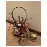 15" H BIRD IN NEST FLORAL ARRANGEMENT, GOLD DISH,