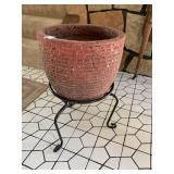 IRON STAND W/ CLAY PLANTER 23" H X 14" ROUND