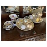 TEACUPS, GOLD ORNAMENTS, 2 EPIC CZECH. BOWLS