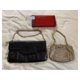 RED WALLET, GOLD EVENING BAG, BLACK LEATHER