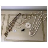 TRIFARI PIN WHITE FLOWER, 2 SILVER TONE BRACELETS