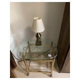 BRASS BASE GLASS TOP TABLE W/ MAGAZINE SIDE