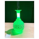 SMALL DECANTER URANIUM GLASS HAND PAINTED, 8.5" H